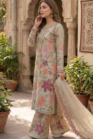 Pastel Floral Cotton Embroidered Dress