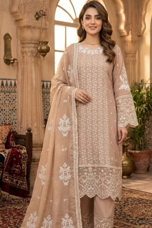 Beige Chiffon Embroidered Dress