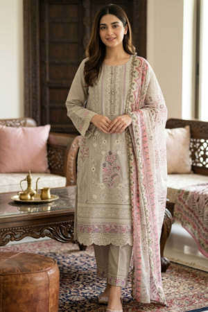 Light Grey Cotton Embroidered Dress