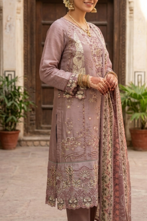 Dusty Mauve Cotton Embroidered Dress