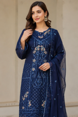 Blue 3-Piece Embroidered Chiffon Outfit