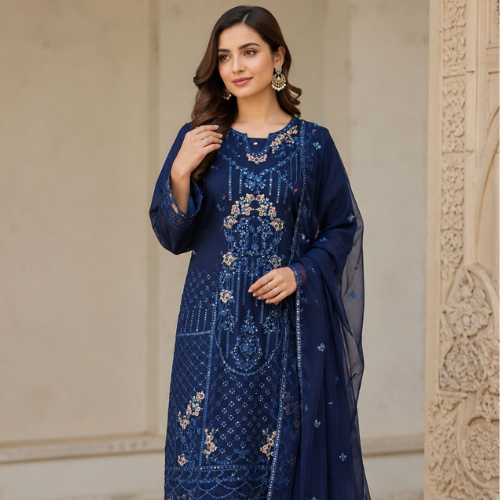 Blue 3-Piece Embroidered Chiffon Outfit