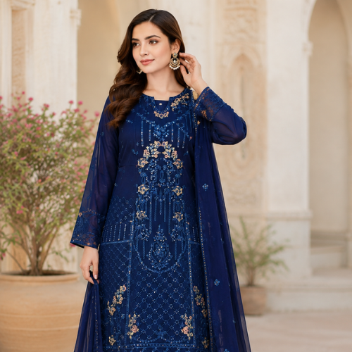 Blue 3-Piece Embroidered Chiffon Outfit - Afbeelding 2