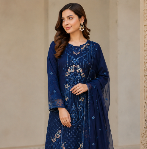 Blue 3-Piece Embroidered Chiffon Outfit - Afbeelding 3