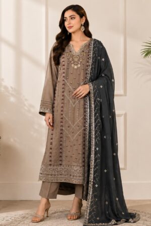 Smoky Grace – Chiffon Embroidered 3‑Piece Suit