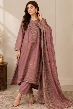 Mauve Cotton Embroidered Suit – 3 Piece