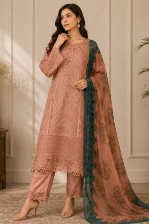 Peach Cotton Embroidered Suit – 3 Piece