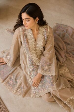 Beige Cotton Embroidered Suit – 3 Piece