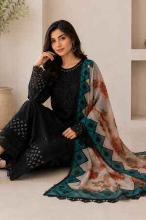 Black Cotton Embroidered Suit – 3 Piece