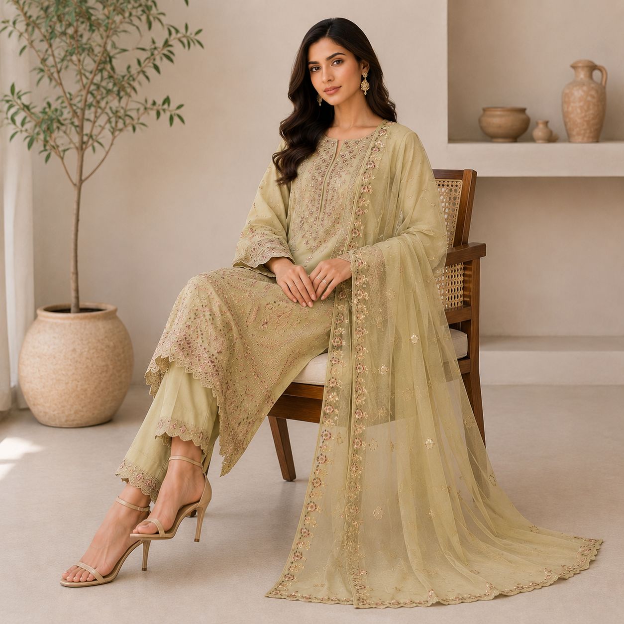 Light Green Cotton Embroidered Suit – 3 Piece - Afbeelding 3