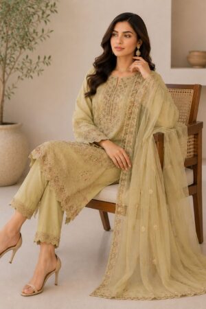 Light Green Cotton Embroidered Suit – 3 Piece