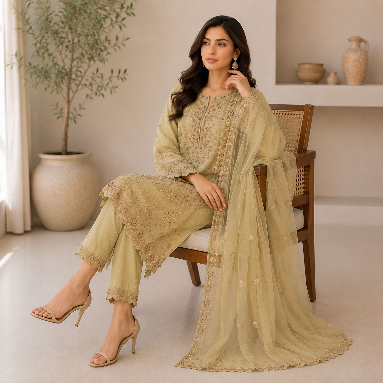 Light Green Cotton Embroidered Suit – 3 Piece