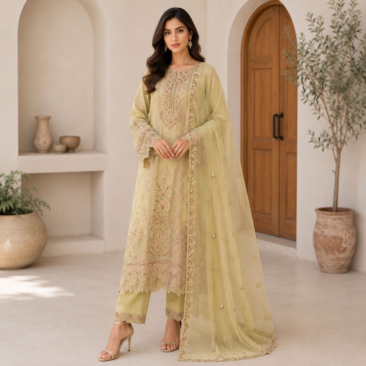 Light Green Cotton Embroidered Suit – 3 Piece - Afbeelding 2