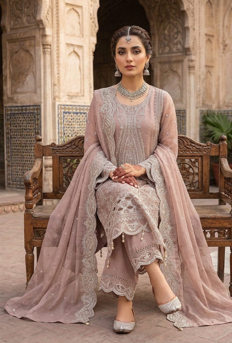 Dusty Rose 3-Piece Cotton Embroidered Suit - Afbeelding 2