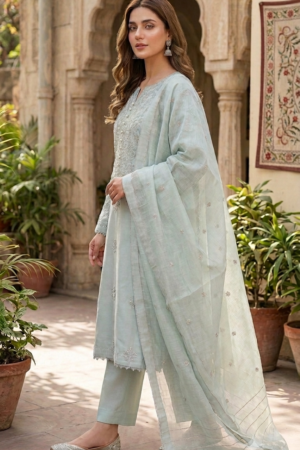 Powder Blue 3-Piece Cotton Embroidered Suit
