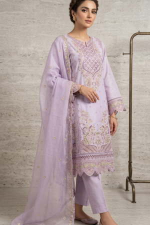 Lilac 3-Piece Cotton Embroidered Suit