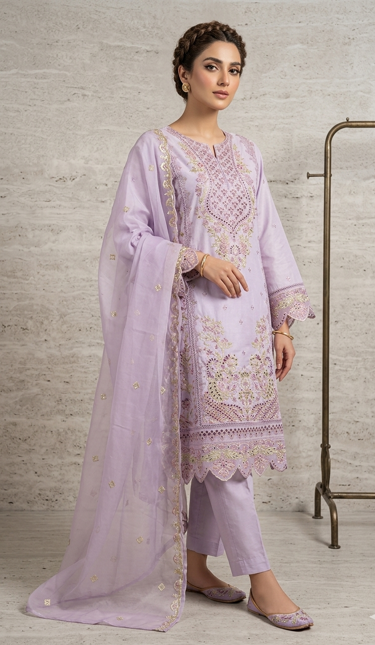 Lilac 3-Piece Cotton Embroidered Suit