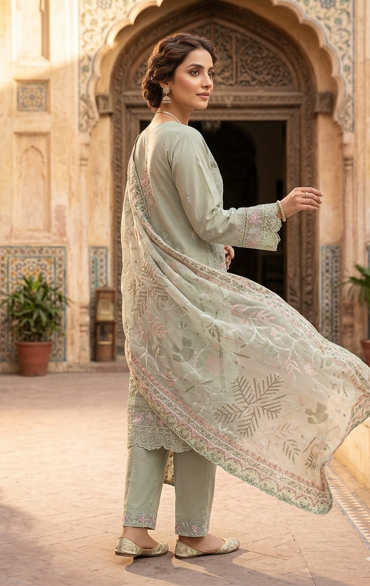 Mint Green 3-Piece Cotton Embroidered Suit - Afbeelding 3