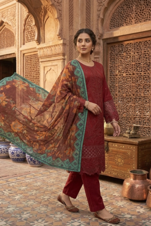 Maroon 3-Piece Cotton Embroidered Suit