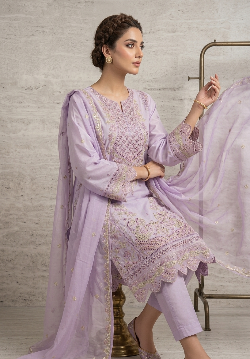 Lilac 3-Piece Cotton Embroidered Suit - Afbeelding 2
