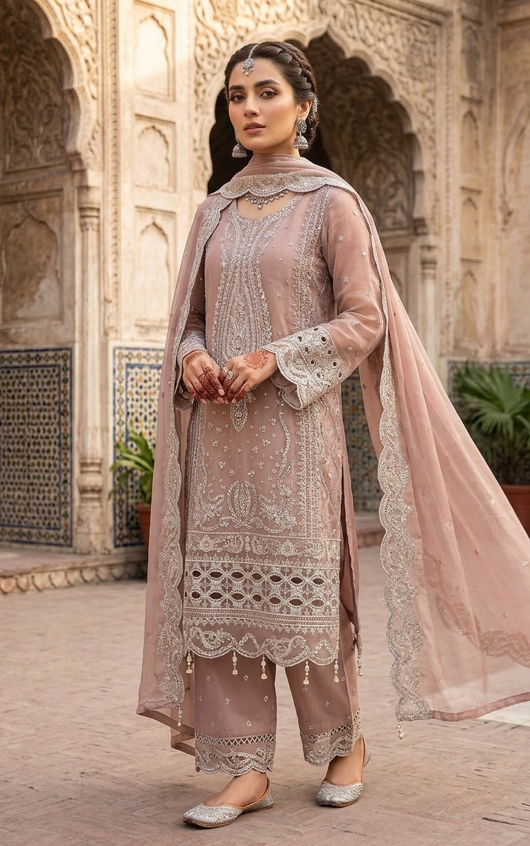 Dusty Rose 3-Piece Cotton Embroidered Suit