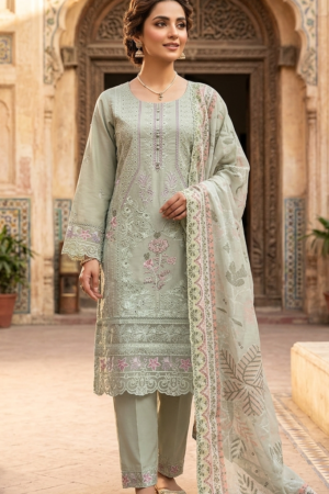 Mint Green 3-Piece Cotton Embroidered Suit