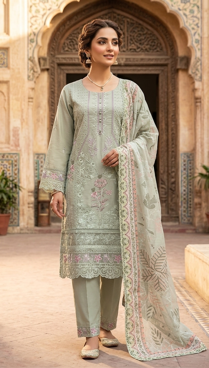 Mint Green 3-Piece Cotton Embroidered Suit