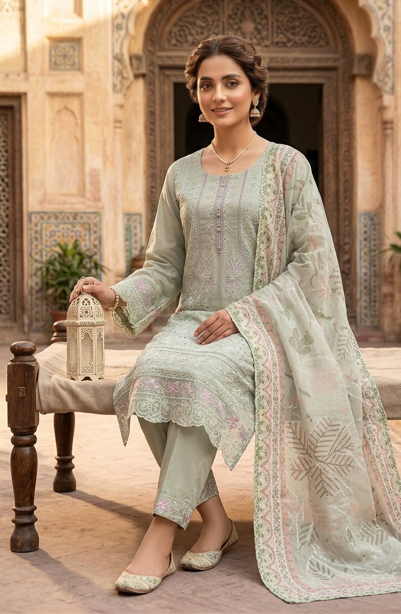Mint Green 3-Piece Cotton Embroidered Suit - Afbeelding 2
