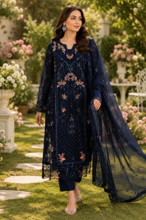 Navy Blue 3-Piece Chiffon Embroidered Suit