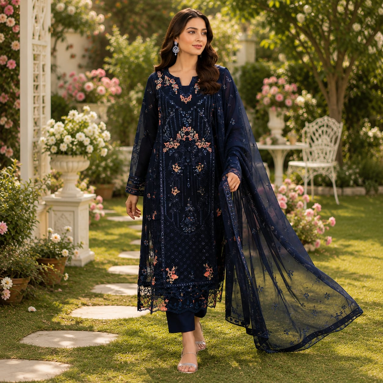 Navy Blue 3-Piece Chiffon Embroidered Suit