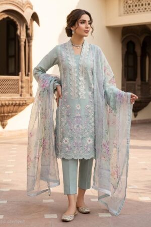 Pastel Blue 3-Piece Cotton Embroidered Suit