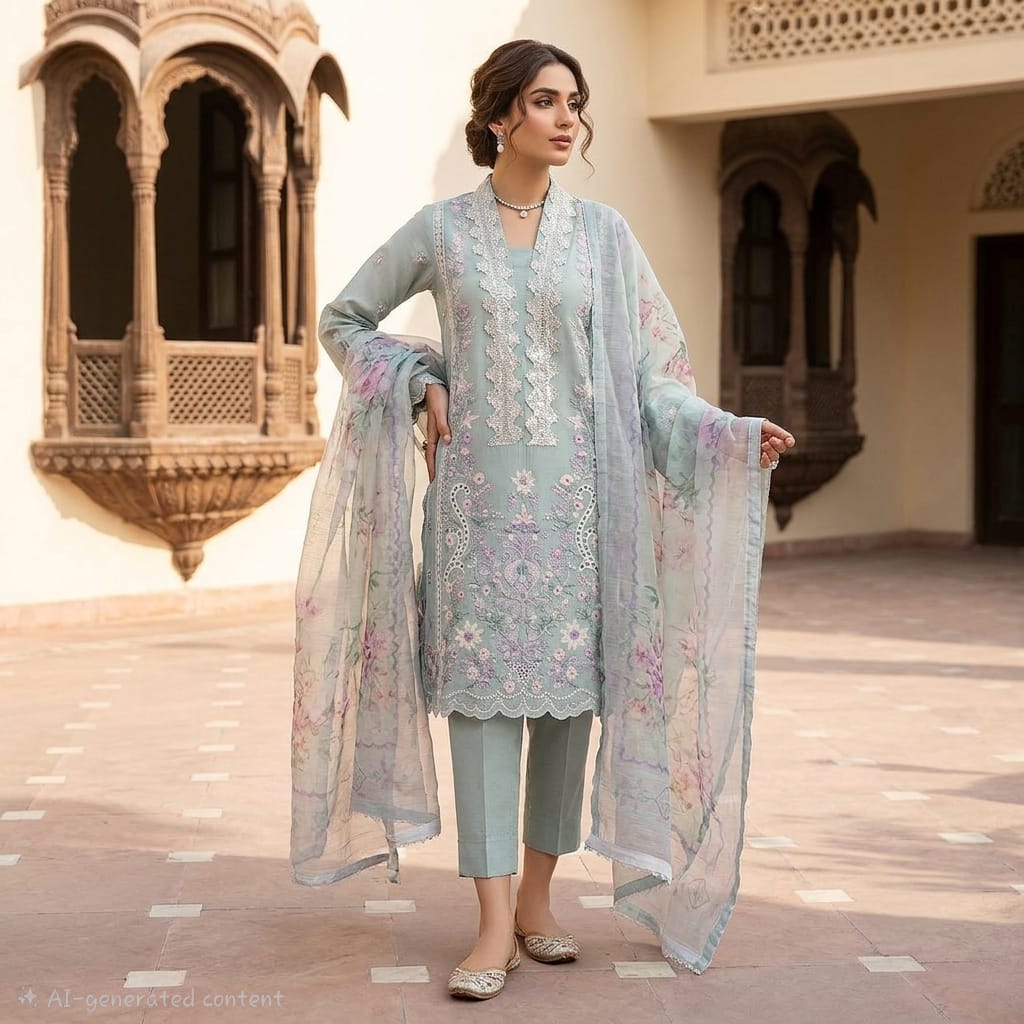 Pastel Blue 3-Piece Cotton Embroidered Suit