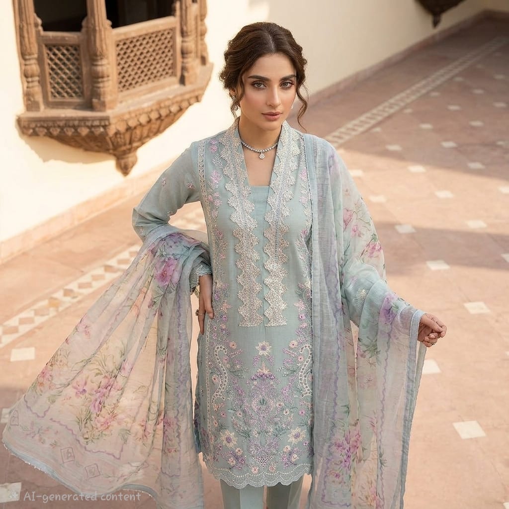 Pastel Blue 3-Piece Cotton Embroidered Suit - Afbeelding 2