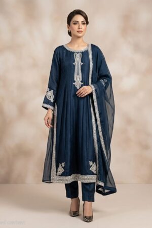 Navy Blue 3-Piece Cotton Embroidered Suit