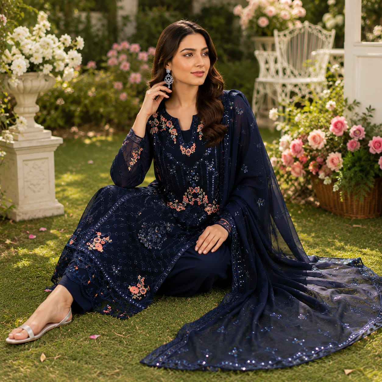 Navy Blue 3-Piece Chiffon Embroidered Suit - Afbeelding 2