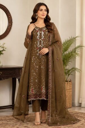 Olive Brown 3-Piece Chiffon Embroidered Suit