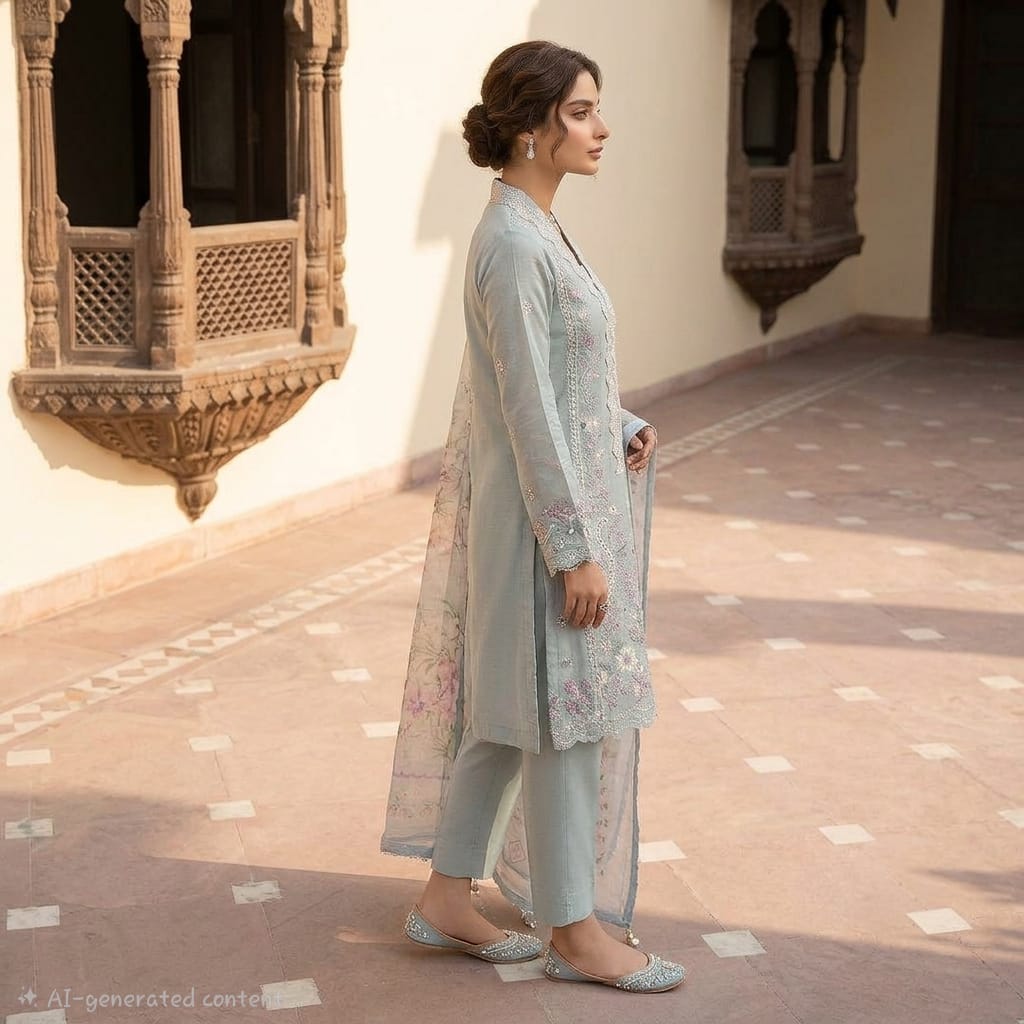 Pastel Blue 3-Piece Cotton Embroidered Suit - Afbeelding 3