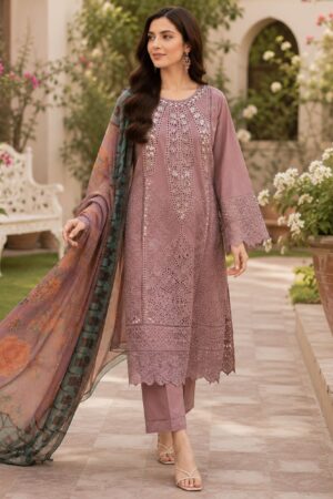 Mauve 3-Piece Cotton Embroidered Suit