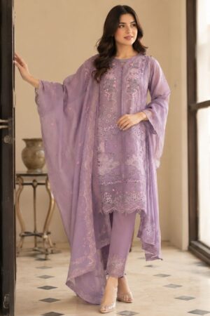 Lavender 3-Piece Cotton Embroidered Suit