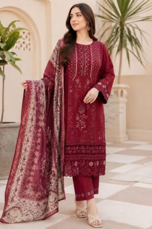 Maroon 3-Piece Cotton Embroidered Suit
