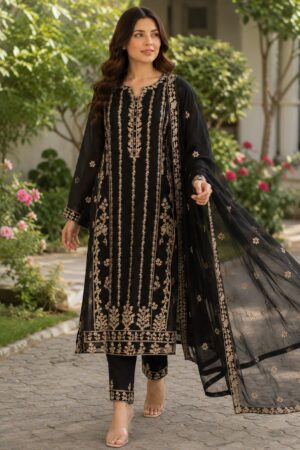 Elegant 3-Piece Black Chiffon Embroidered Suit